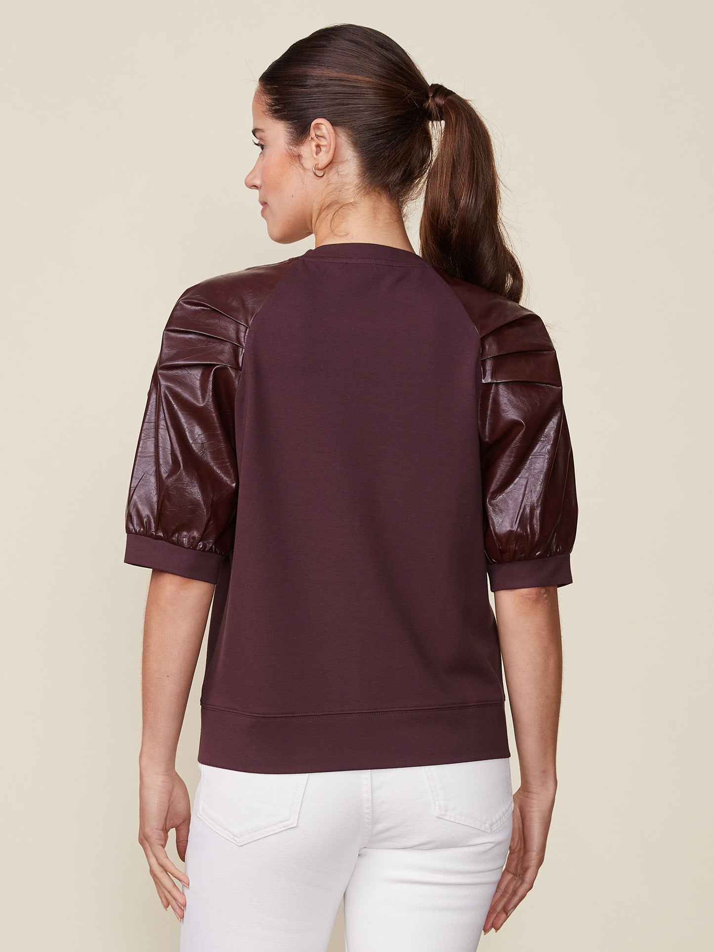Mercury Ponte Top with Crinkle Faux Leather Sleeves