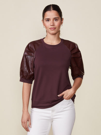 Mercury Ponte Top with Crinkle Faux Leather Sleeves