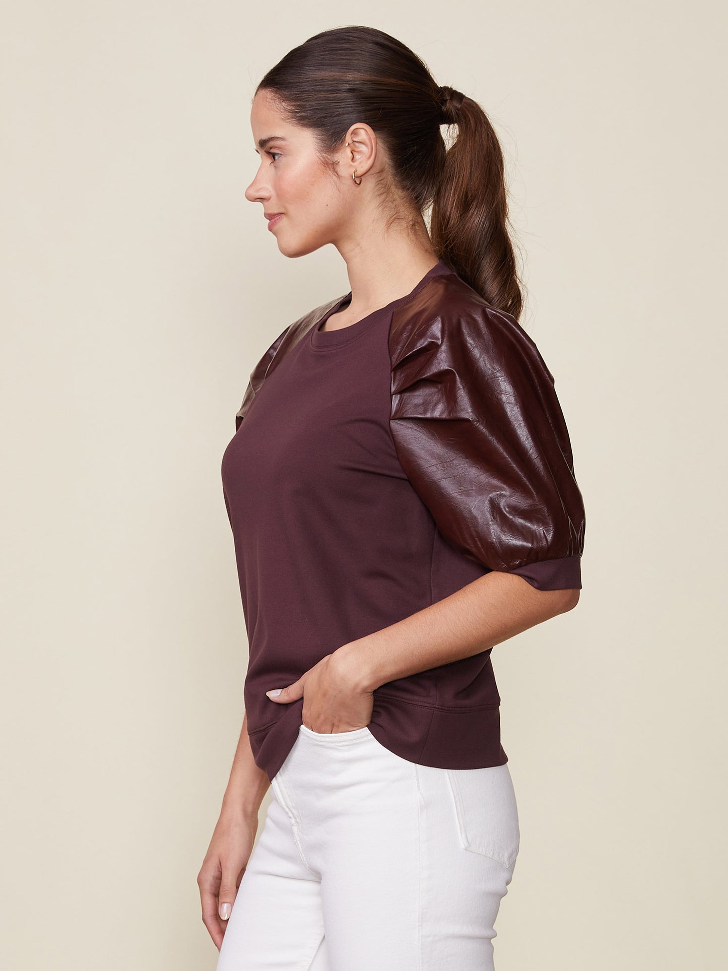 Mercury Ponte Top with Crinkle Faux Leather Sleeves