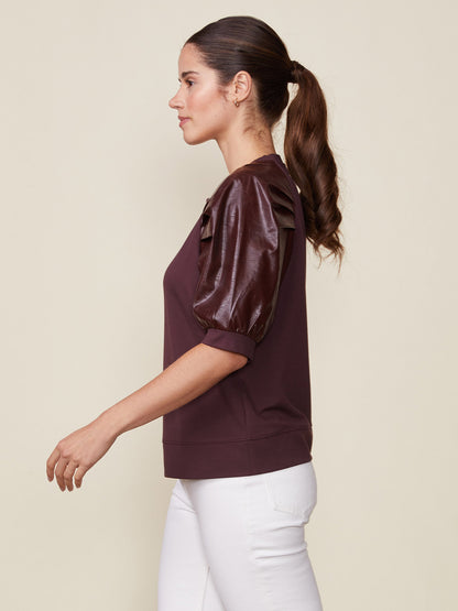 Mercury Ponte Top with Crinkle Faux Leather Sleeves
