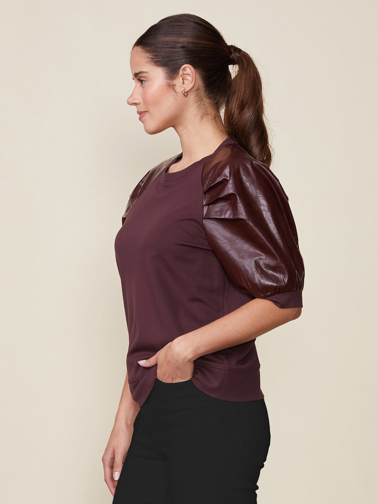 Mercury Ponte Top with Crinkle Faux Leather Sleeves