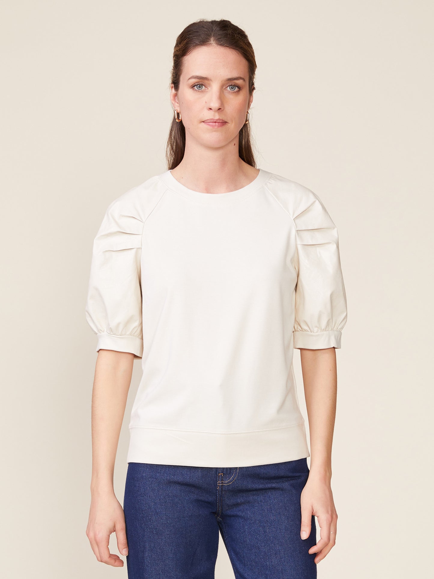 Mercury Ponte Top with Crinkle Faux Leather Sleeves