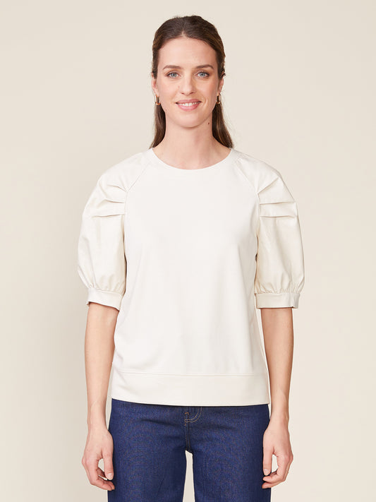 Mercury Ponte Top with Crinkle Faux Leather Sleeves