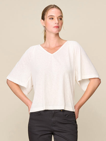 Linen Like Short Sleeve V-neck Smock Detail Top
