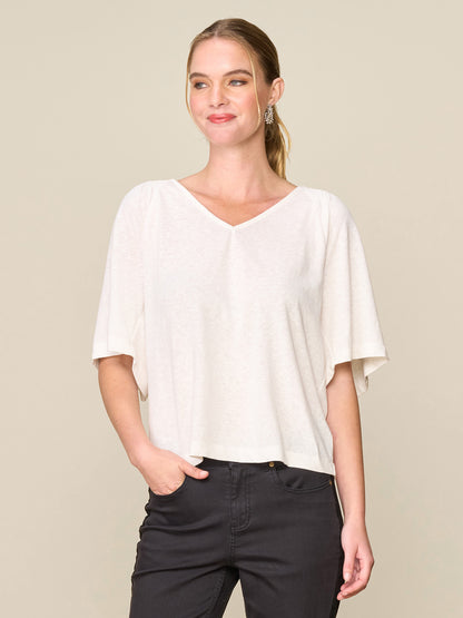 Linen Like Short Sleeve V-neck Smock Detail Top