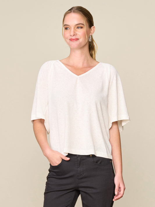 Linen Like Short Sleeve V-neck Smock Detail Top