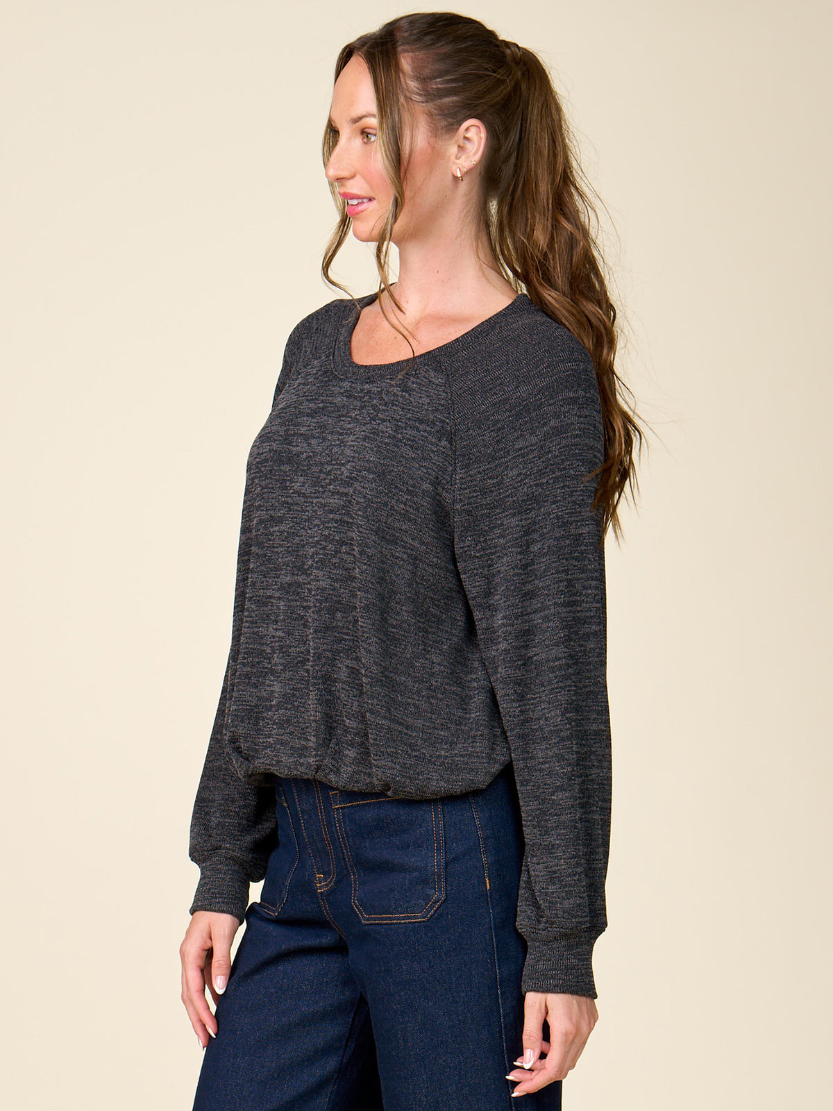 Pleated Bubble Hem Raglan Knit Pullover