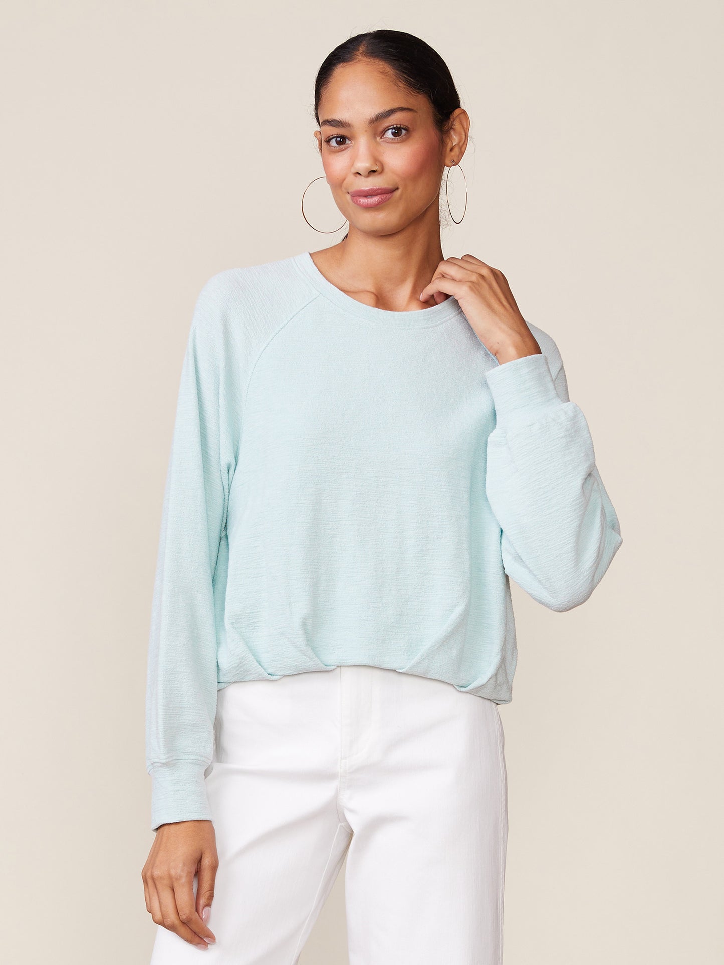 Pleated Bubble Hem Raglan Nubby Pullover