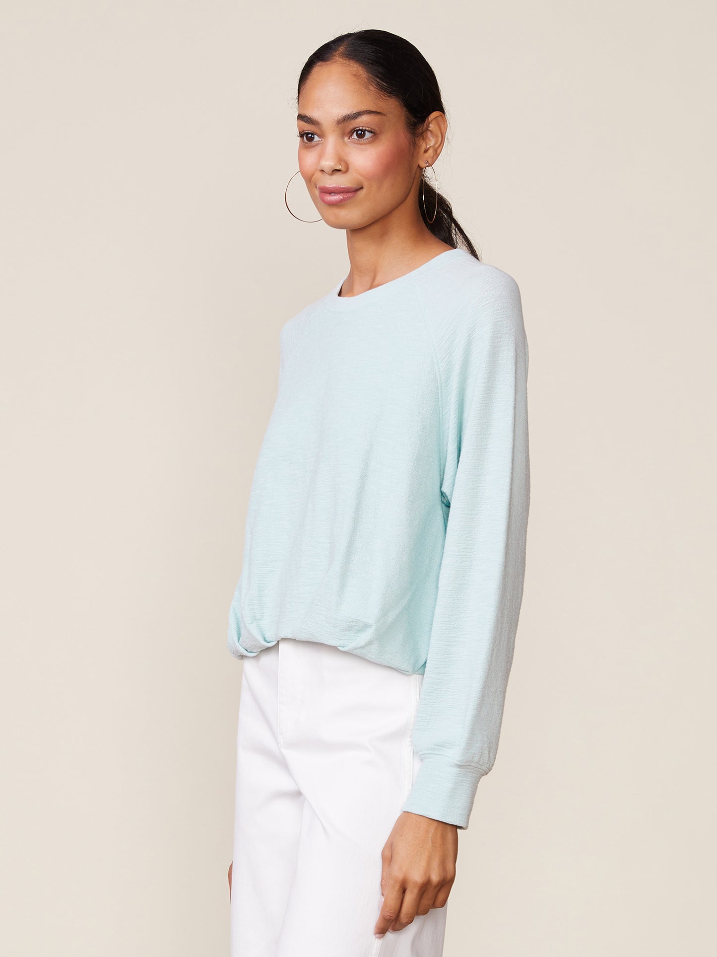 Pleated Bubble Hem Raglan Nubby Pullover