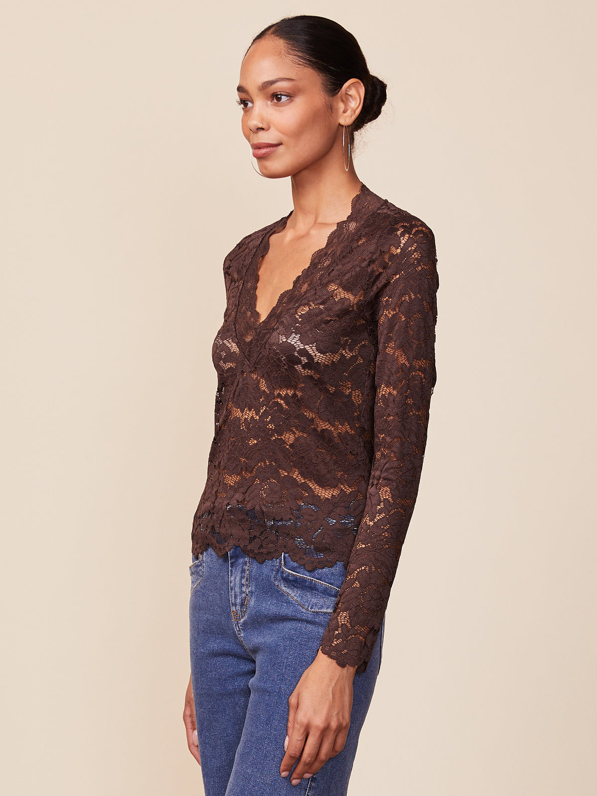 V-Neck Lace Long Sleeve Top