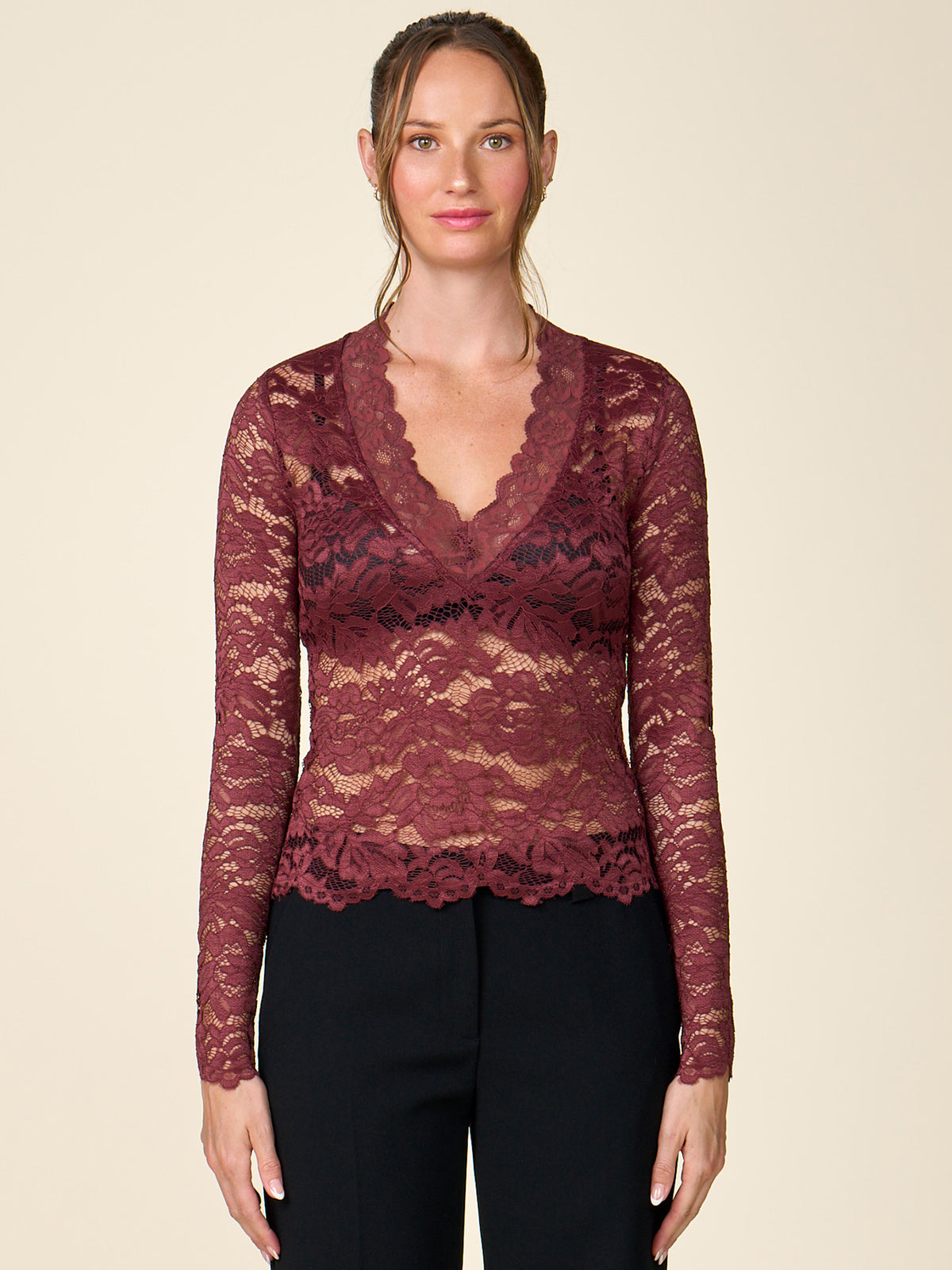 V-Neck Lace Long Sleeve Top