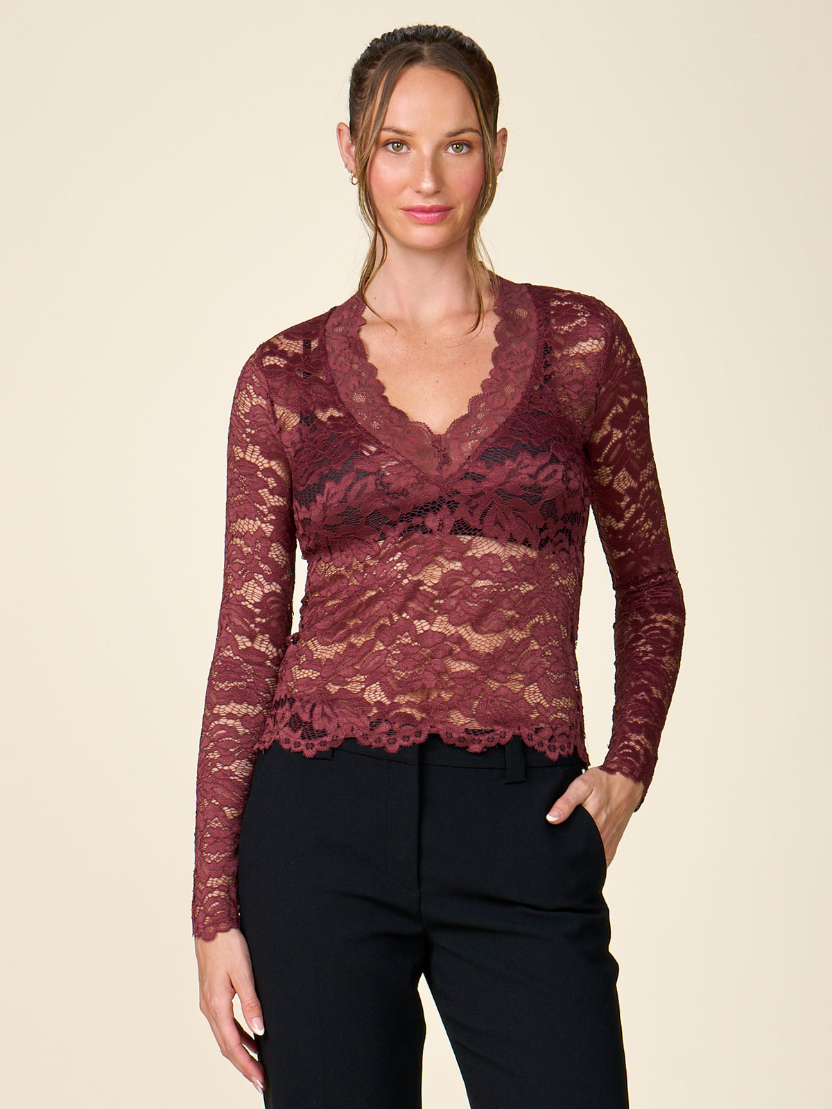 V-Neck Lace Long Sleeve Top