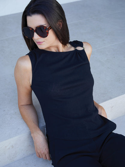 Sleeveless Linen Like Top with Ring Hardware