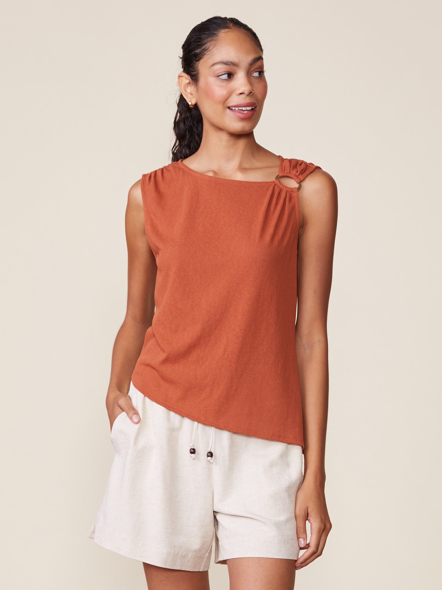 Sleeveless Linen Like Top with Ring Hardware