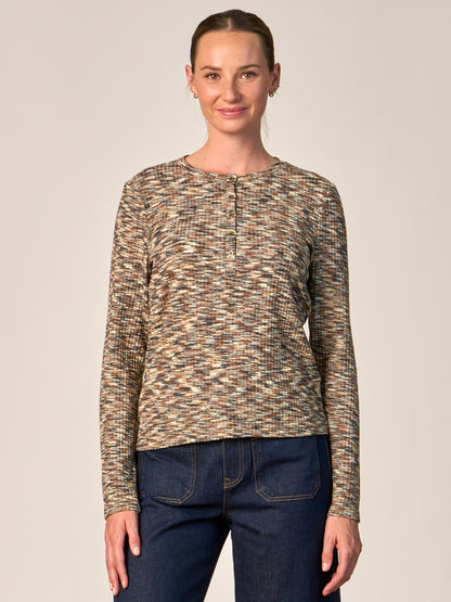 Marled Knit Henley Long Sleeve Top