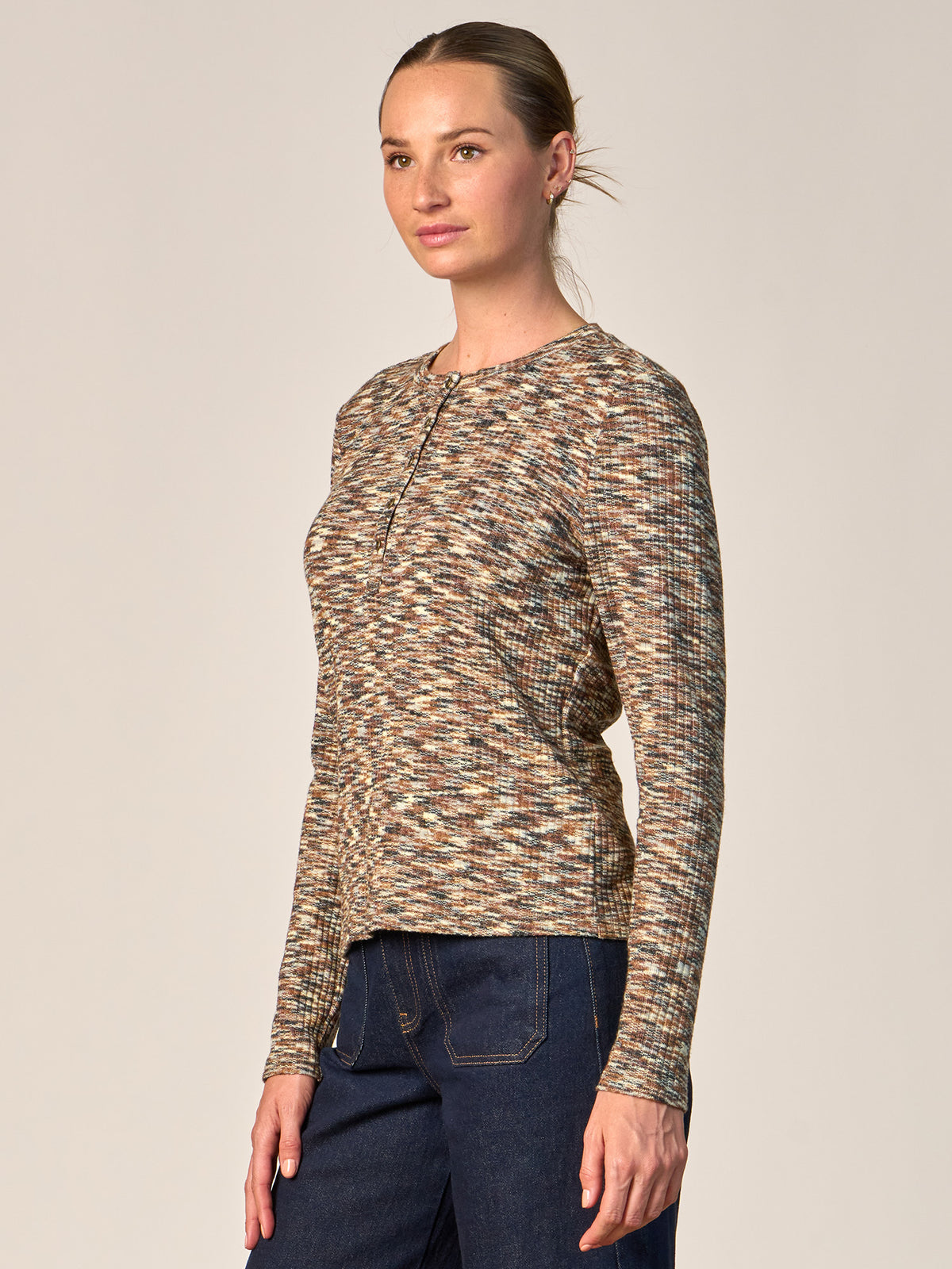 Marled Knit Henley Long Sleeve Top