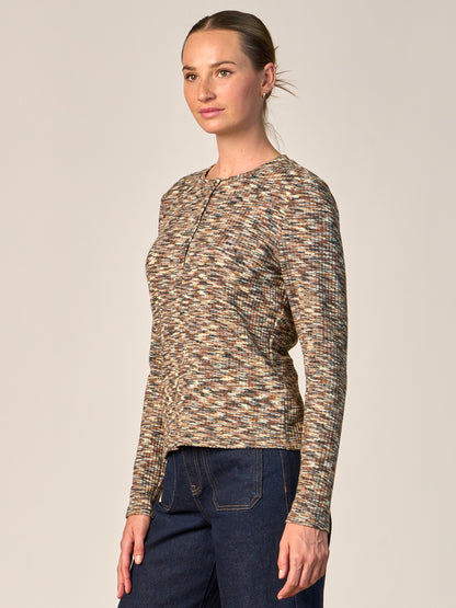 Marled Knit Henley Long Sleeve Top