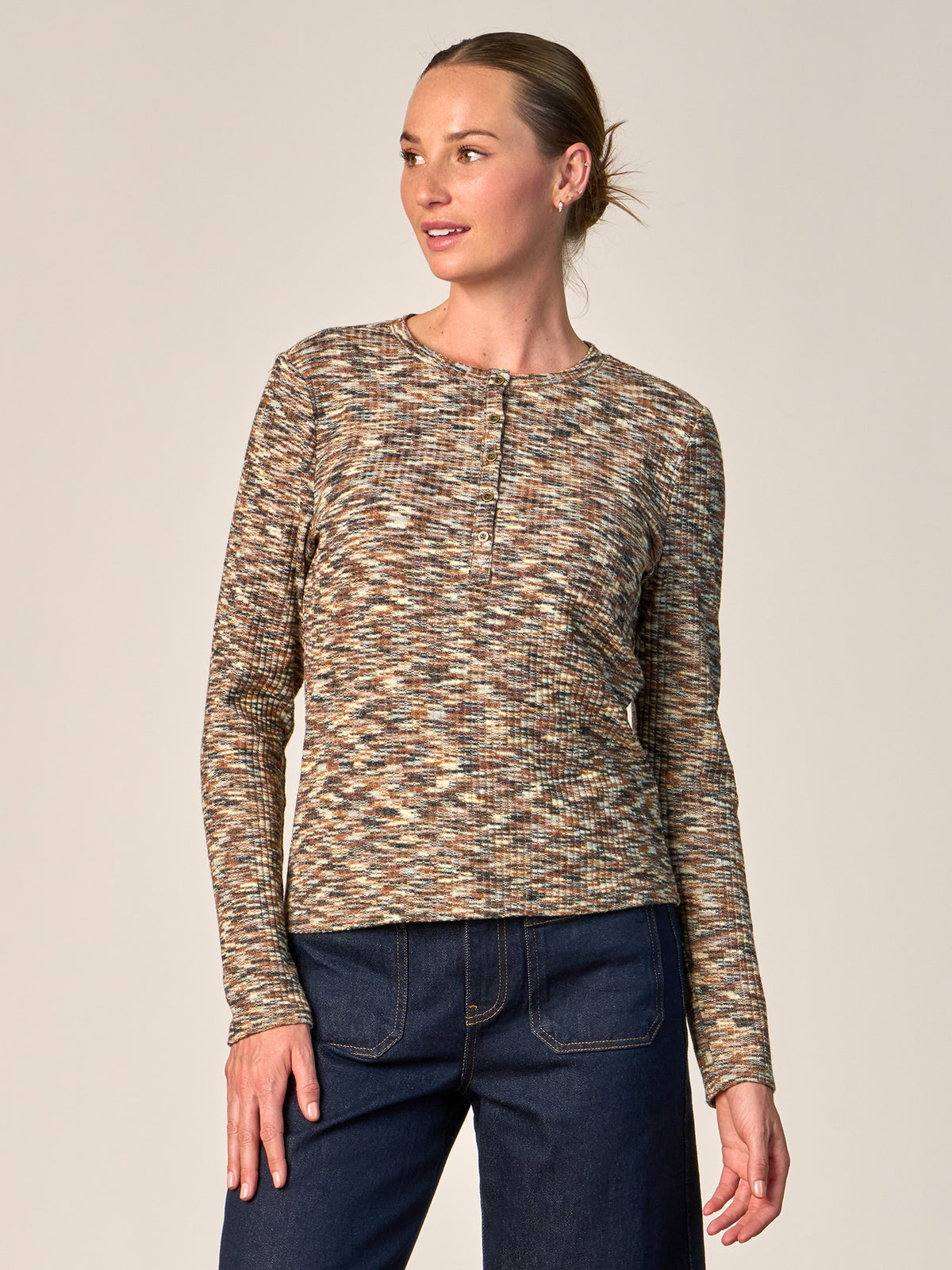 Marled Knit Henley Long Sleeve Top