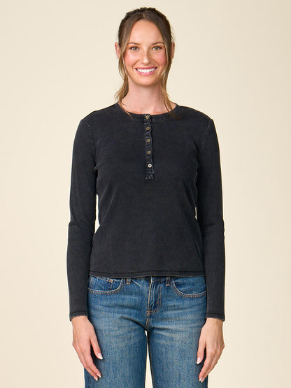 Washed Rib Henley Long Sleeve Top