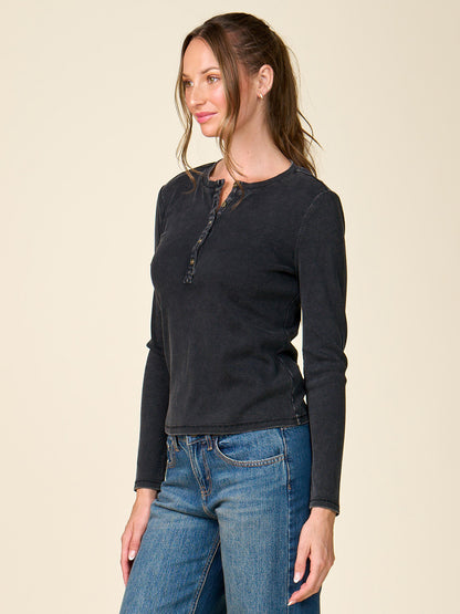Washed Rib Henley Long Sleeve Top