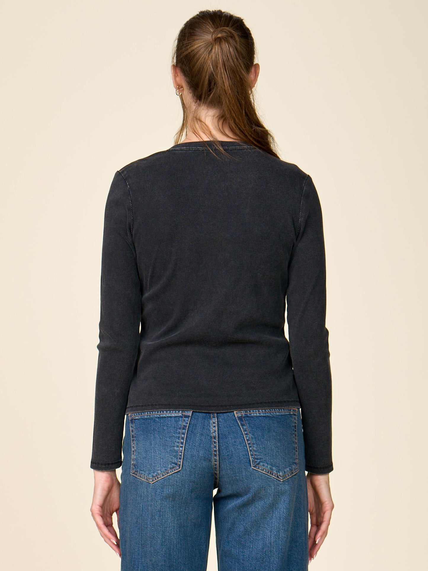 Washed Rib Henley Long Sleeve Top
