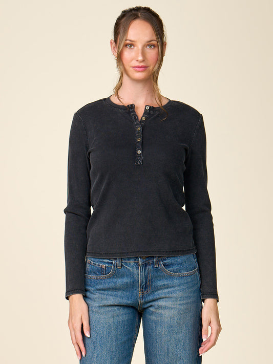 Washed Rib Henley Long Sleeve Top