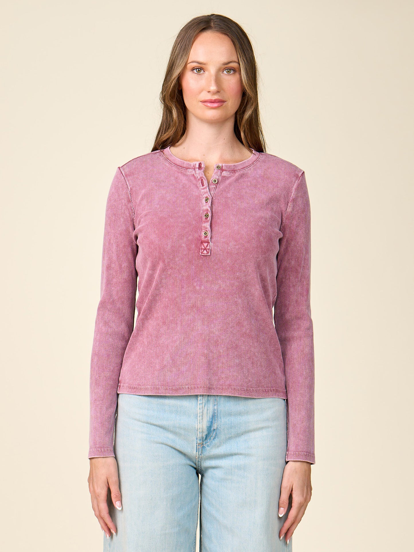 Washed Rib Henley Long Sleeve Top