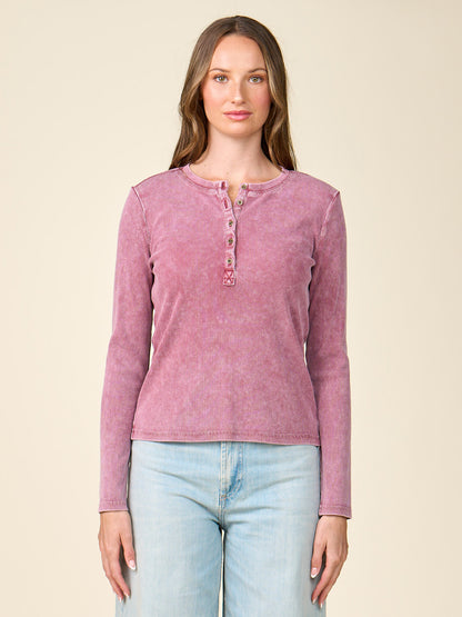 Washed Rib Henley Long Sleeve Top