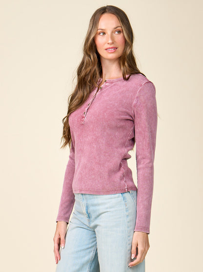 Washed Rib Henley Long Sleeve Top
