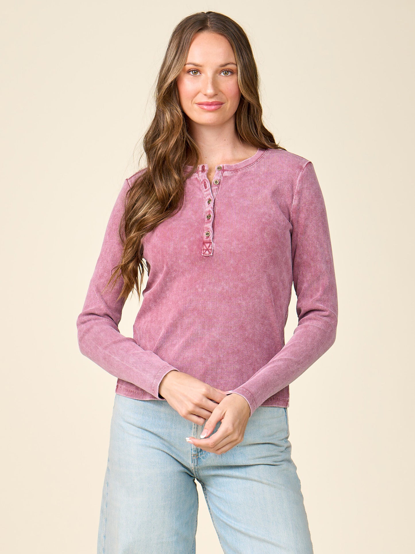 Washed Rib Henley Long Sleeve Top