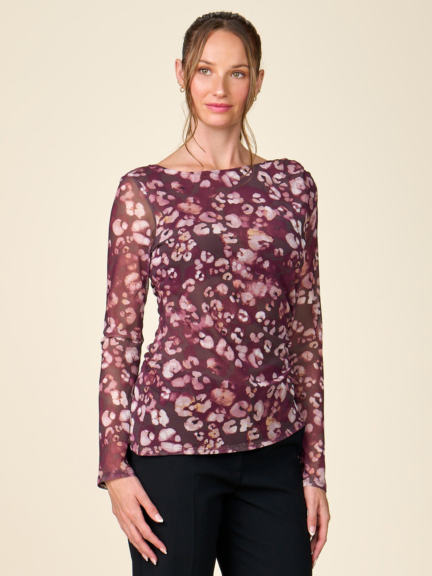 Long Sleeve Printed Mesh Boat Neck Top