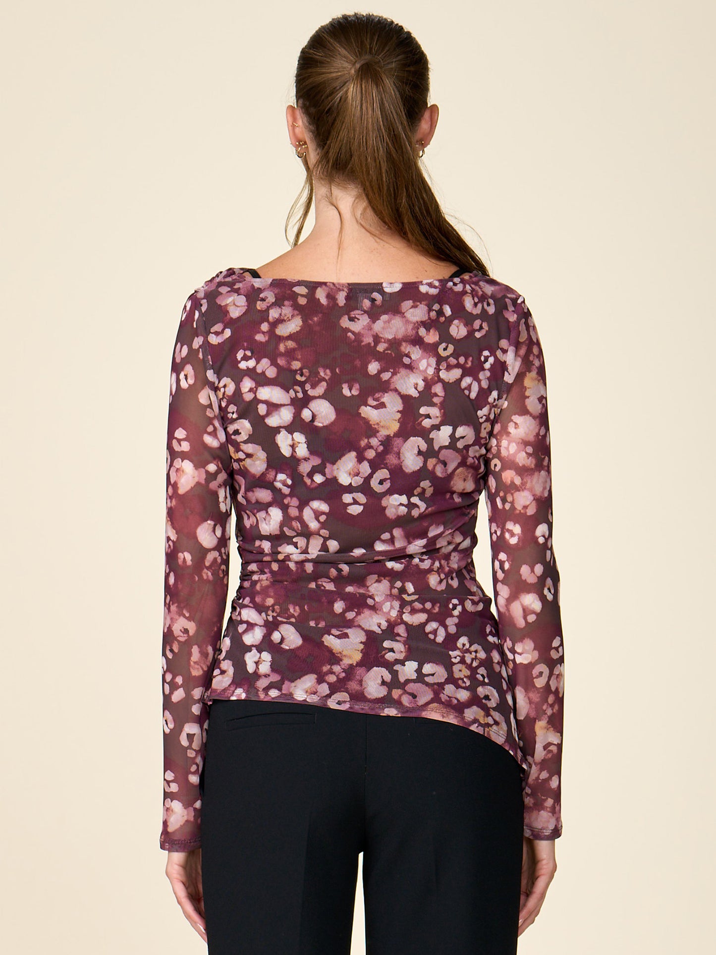 Long Sleeve Printed Mesh Boat Neck Top