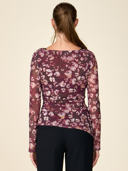 Long Sleeve Printed Mesh Boat Neck Top
