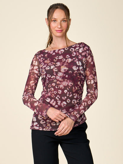 Long Sleeve Printed Mesh Boat Neck Top