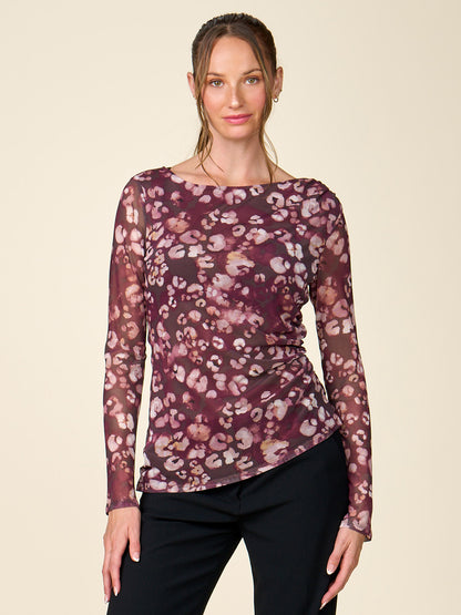 Long Sleeve Printed Mesh Boat Neck Top