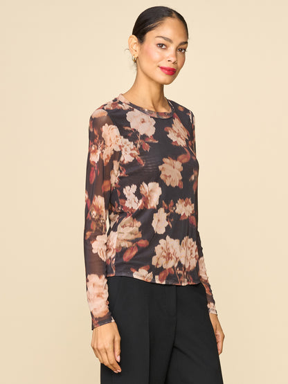 Printed Mesh Crew Neck Top