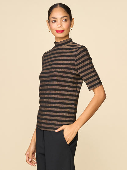 Mock Neck Stripe Glitter Knit Top