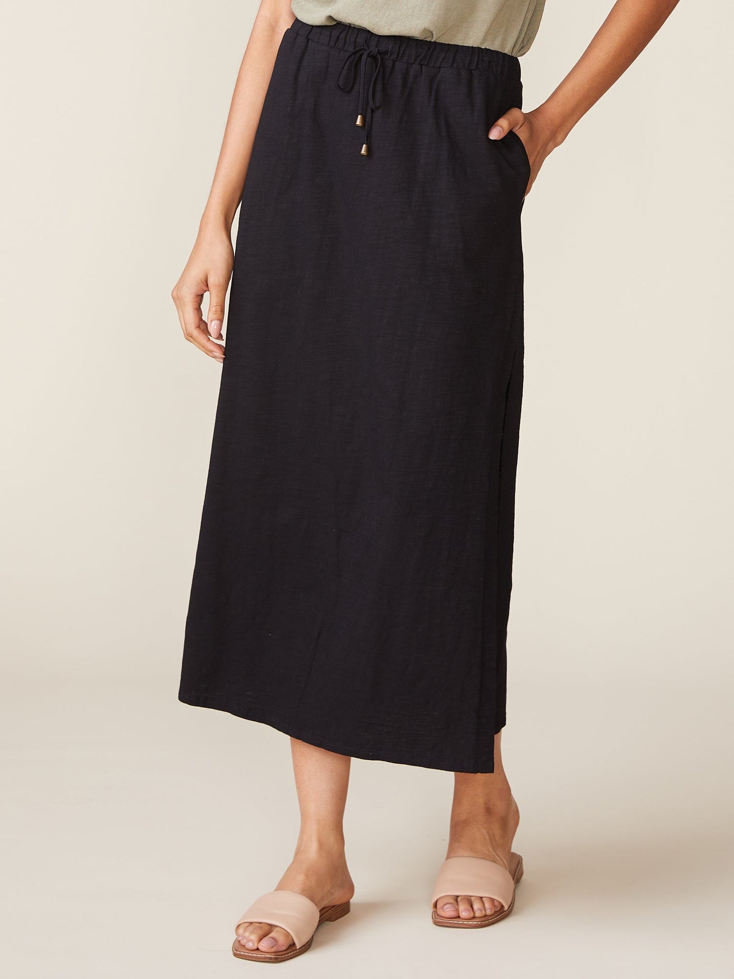Side Slit Slub Maxi Skirt - Black