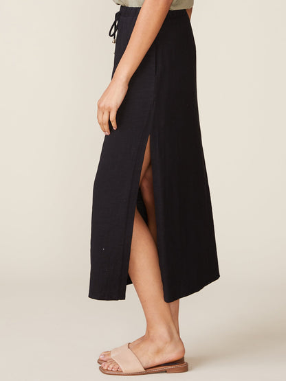 Side Slit Slub Maxi Skirt - Black
