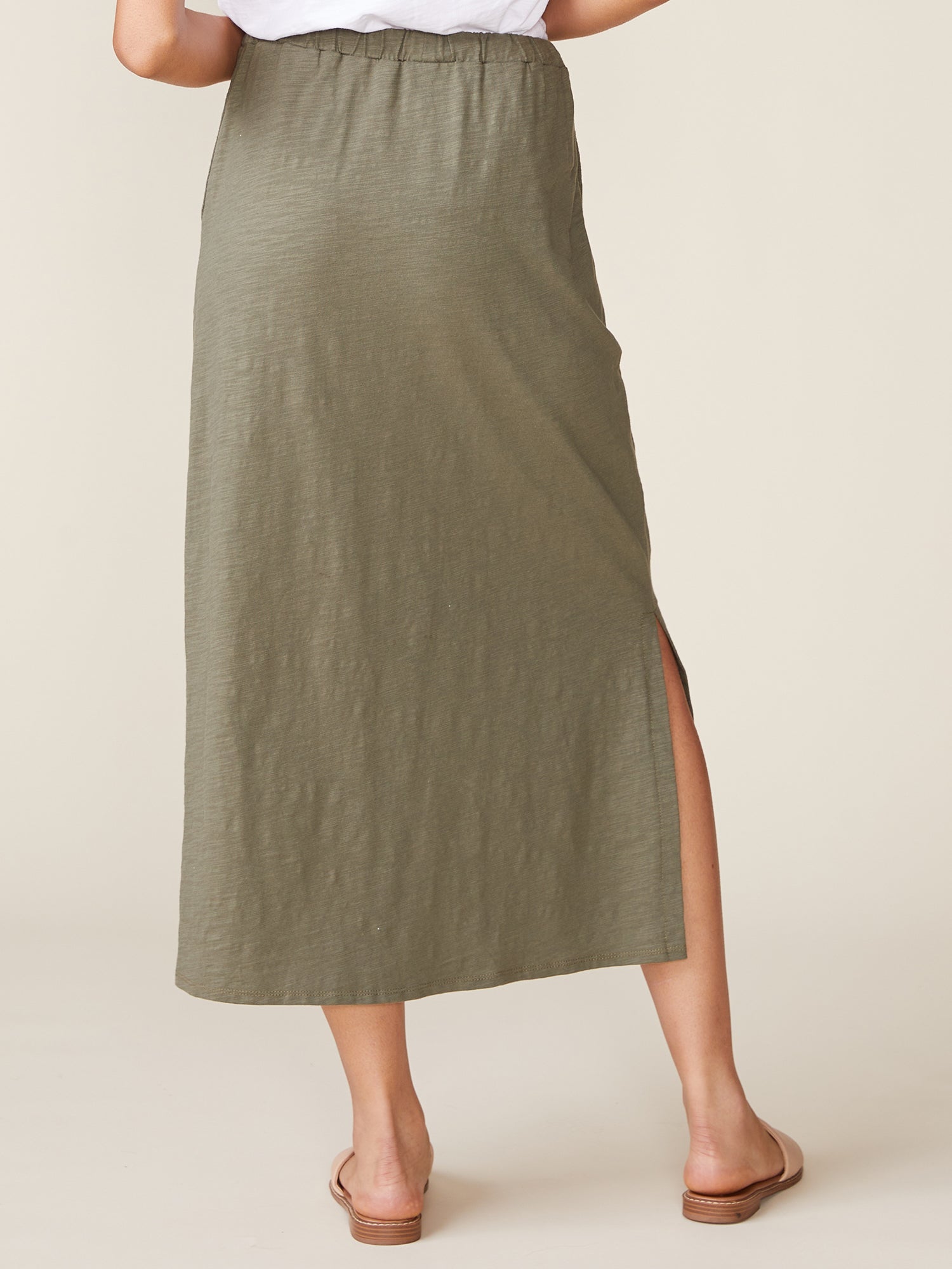 Side Slit Slub Maxi Skirt - Olive