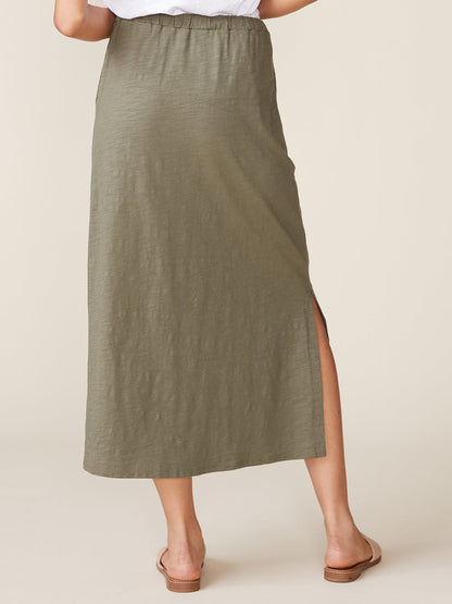 Side Slit Slub Maxi Skirt - Olive