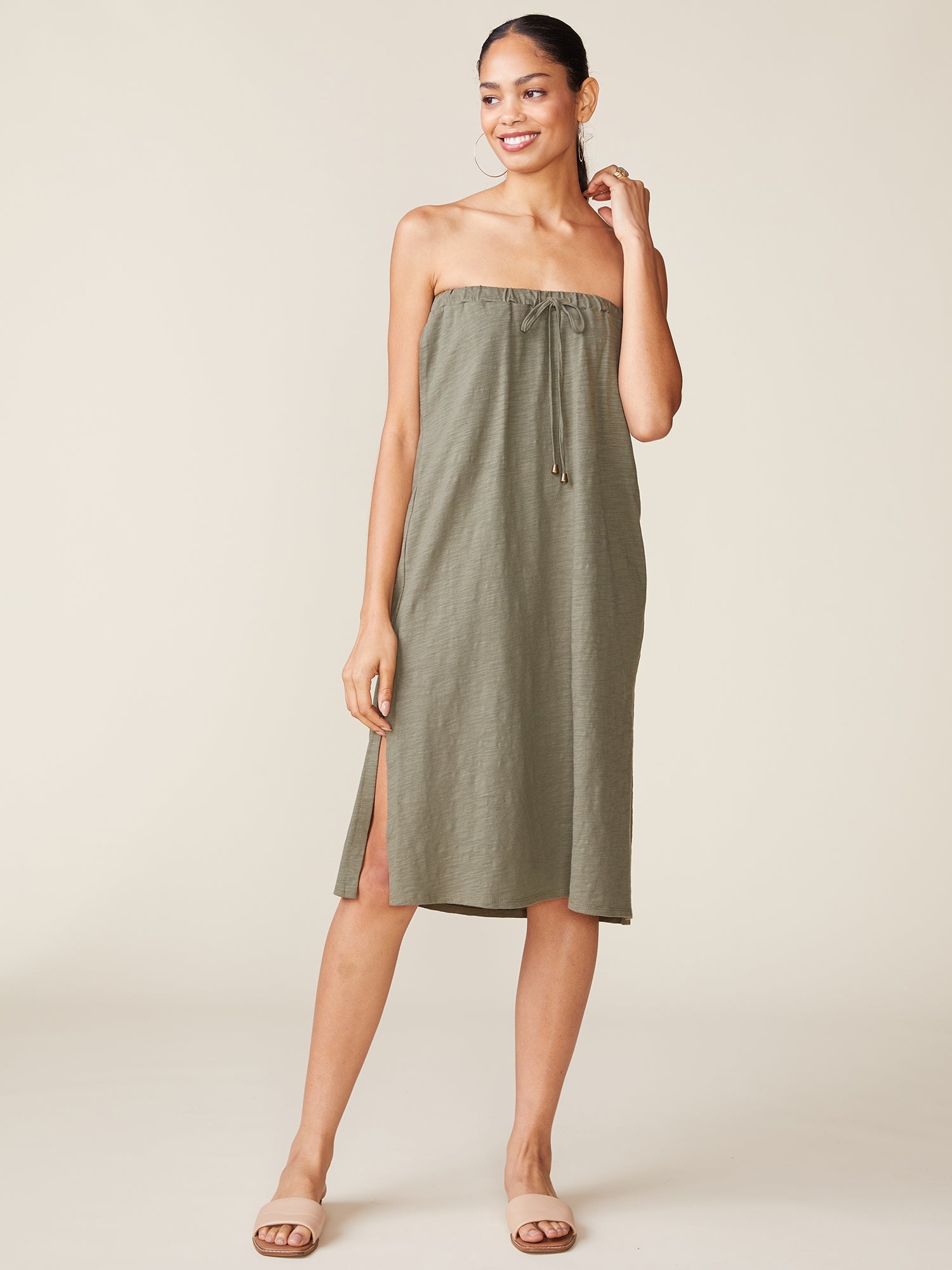Side Slit Slub Maxi Skirt - Olive