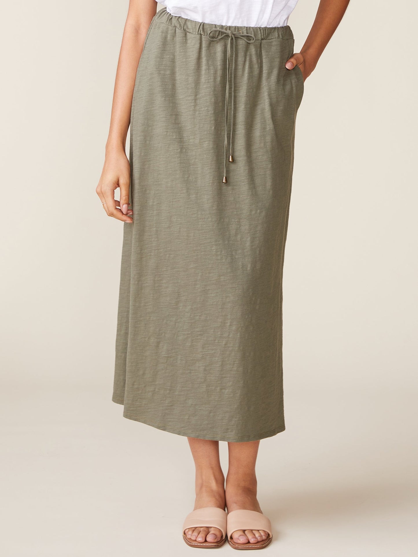 Side Slit Slub Maxi Skirt - Olive