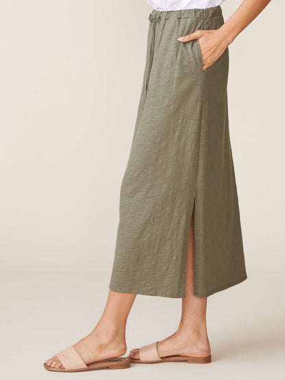 Side Slit Slub Maxi Skirt - Olive