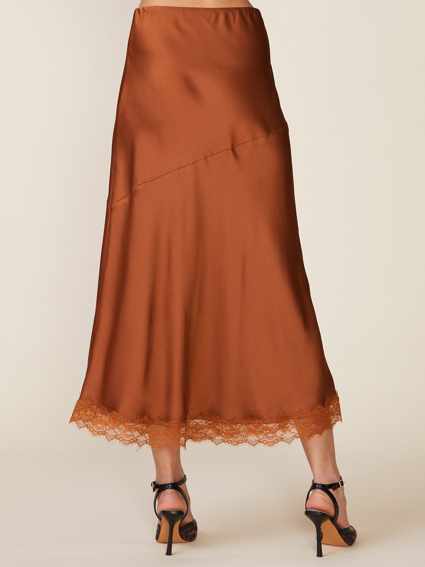 Lace Trim Satin Midi Skirt