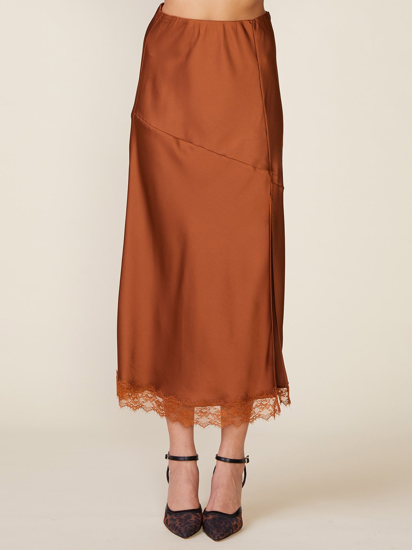 Lace Trim Satin Midi Skirt