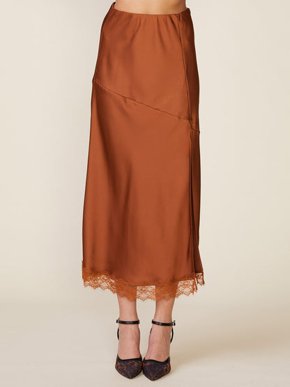 Lace Trim Satin Midi Skirt
