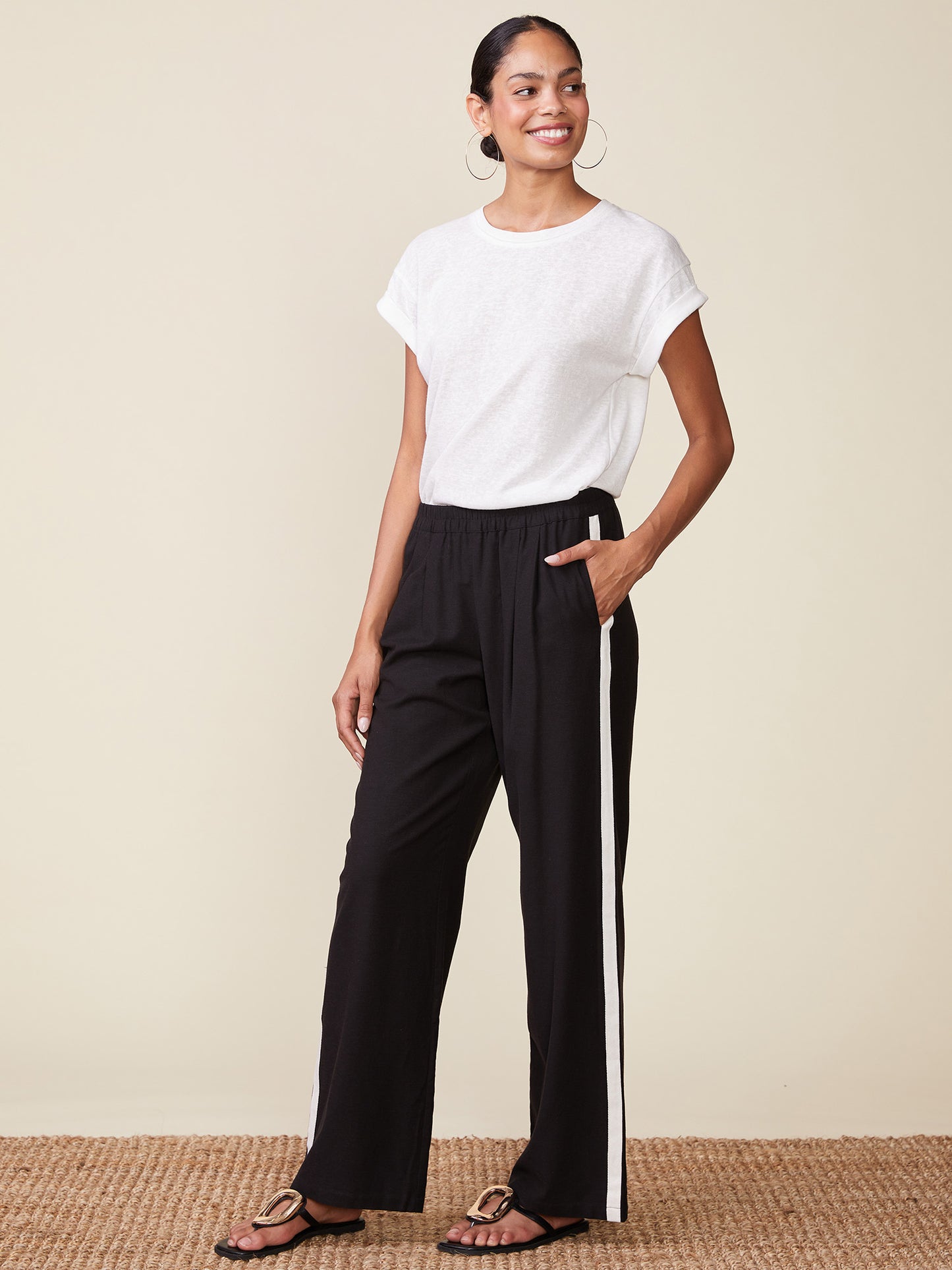 Linen Blend Pants with Contrast Side Stripe