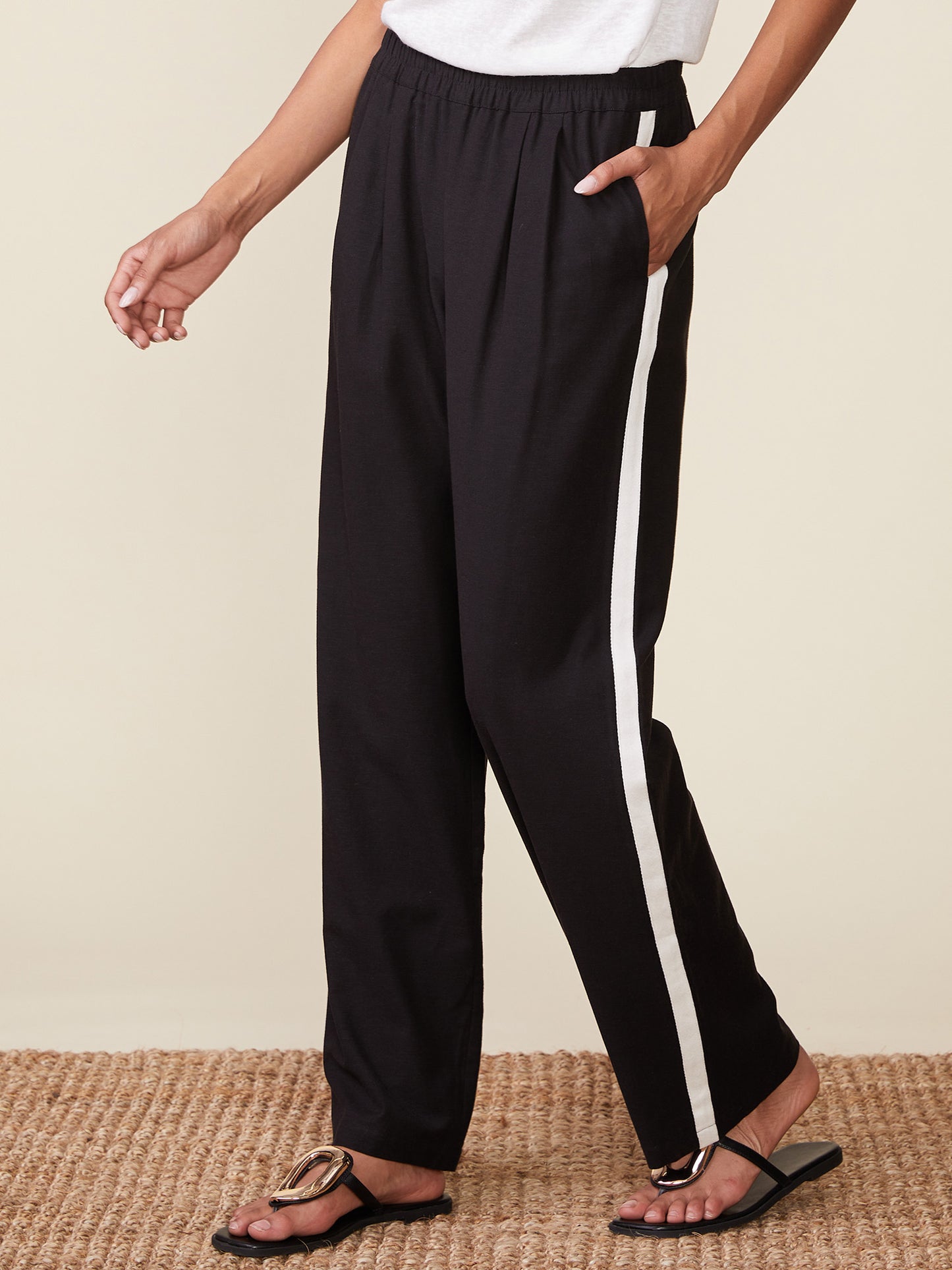 Linen Blend Pants with Contrast Side Stripe