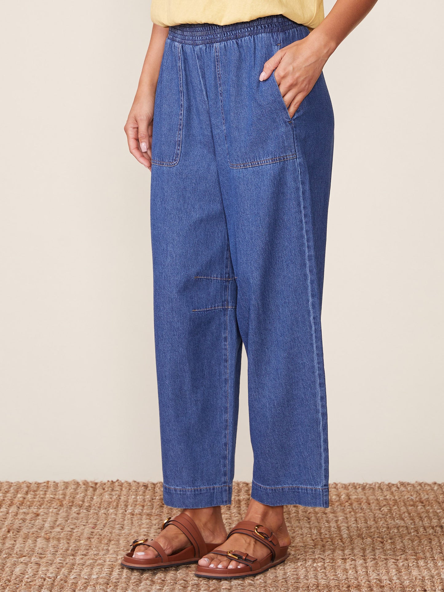 Smocked Waist Barrel Denim Pant